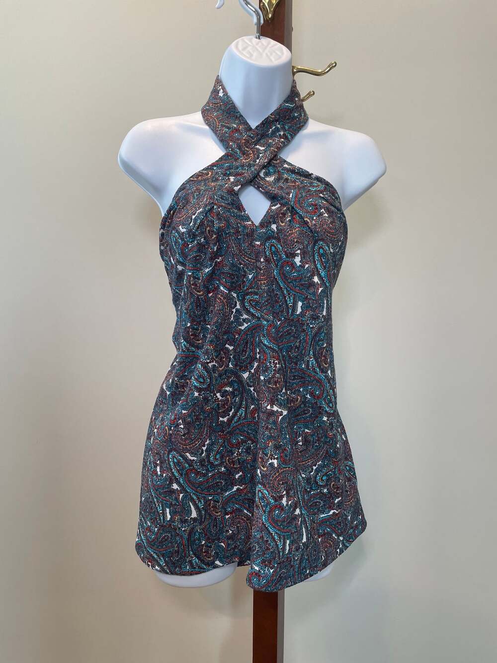 Michael Kors Top Criss Cross Halter Neck Colorful Paisley Print Size XL